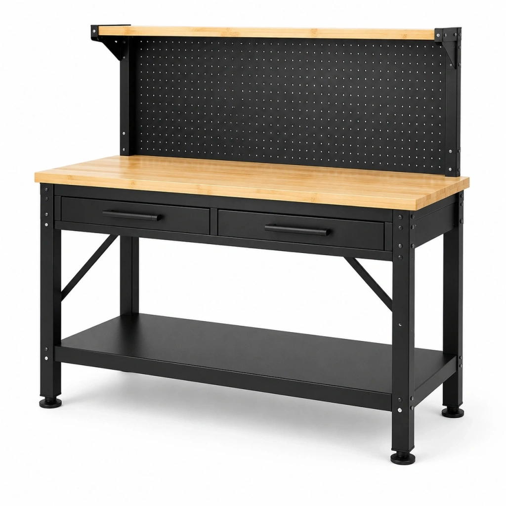 Banco da lavoro 120 x 60 x 150 cm in acciaio e legno con pannello portautensili e cassetti
