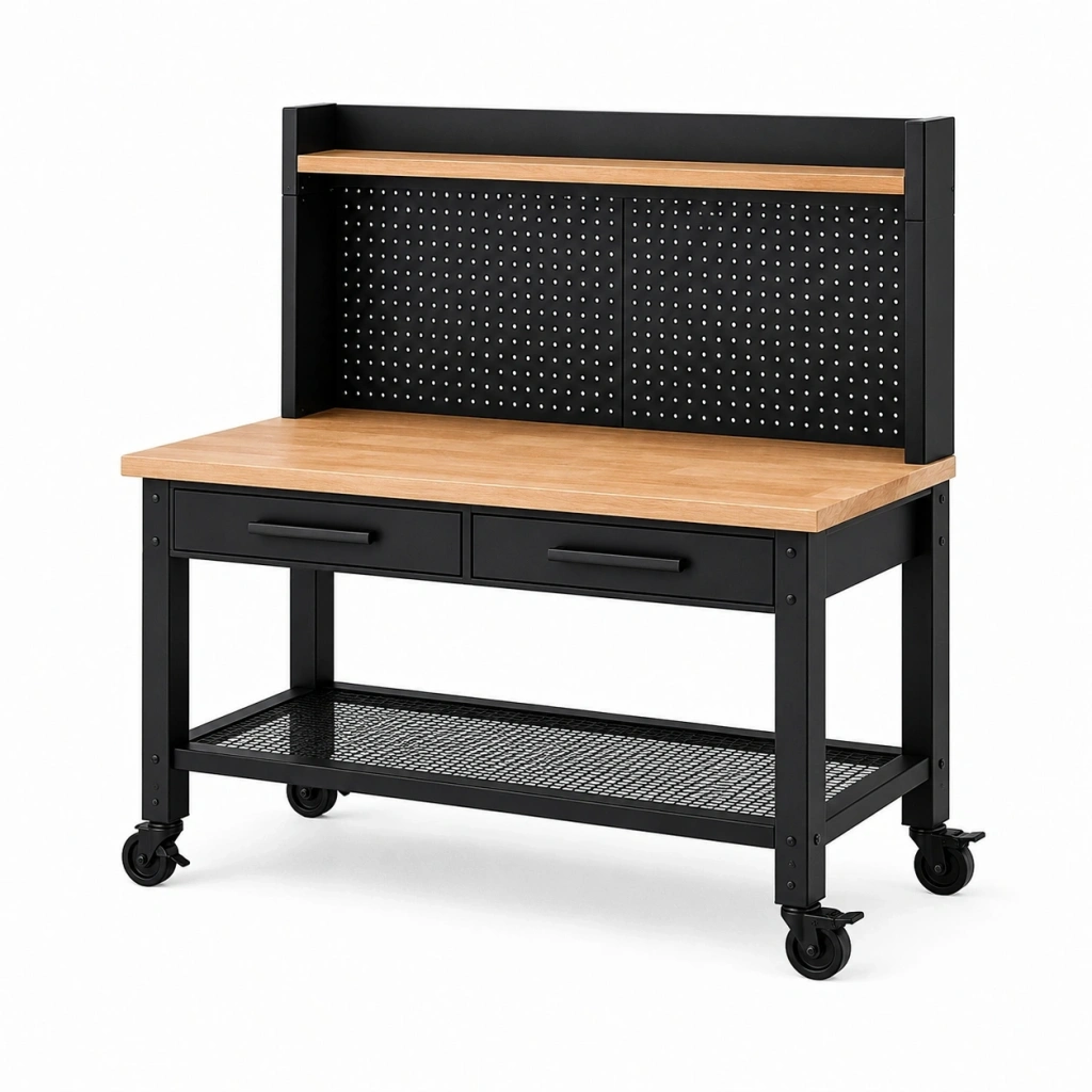 Banco da lavoro 120 x 60 x 150 cm in acciaio nero e legno con ruote e cassetti