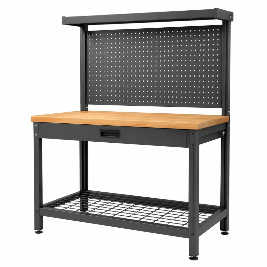 Banco da lavoro 120x60x180 cm in acciaio nero e legno con pannello portautensili