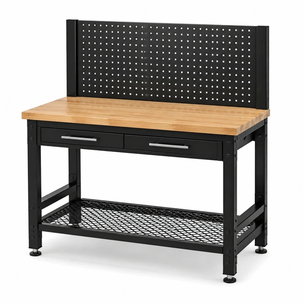 Banco da lavoro 120x60x150 cm in acciaio nero e legno con pannello portautensili e cassetti