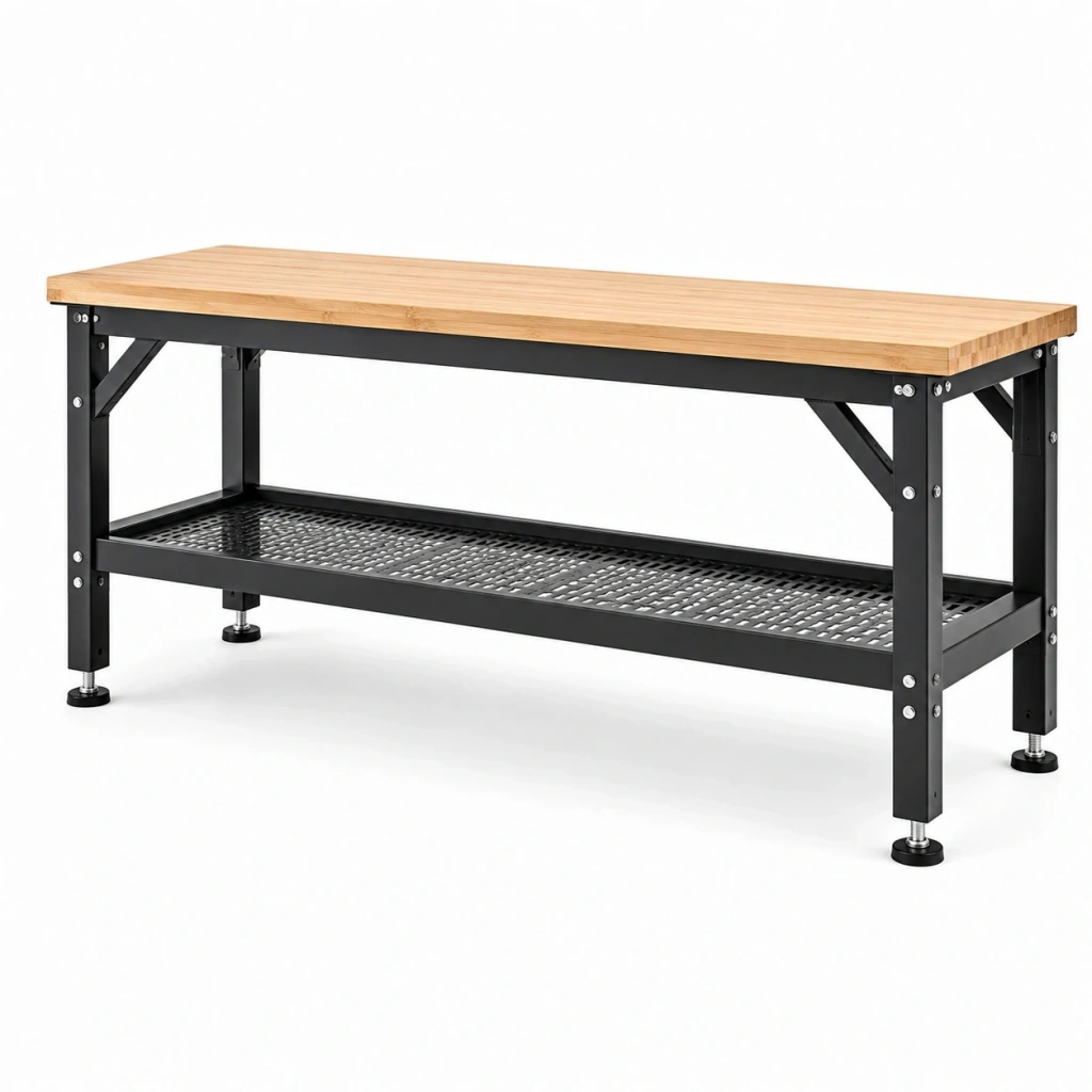 Banco da lavoro 160 x 60 x 90 cm in legno naturale e metallo nero con ripiano inferiore