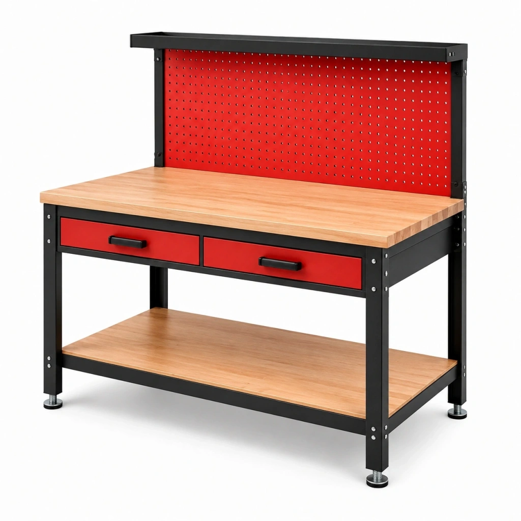 Banco da lavoro 120 cm in metallo nero e legno con pannello portautensili e cassetti