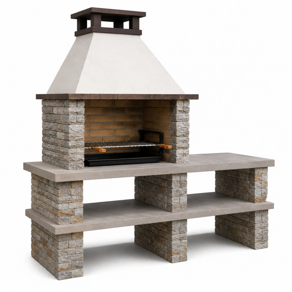 Barbecue da giardino 160 x 70 x 220 cm in pietra grigio beige con griglia in acciaio stile rustico