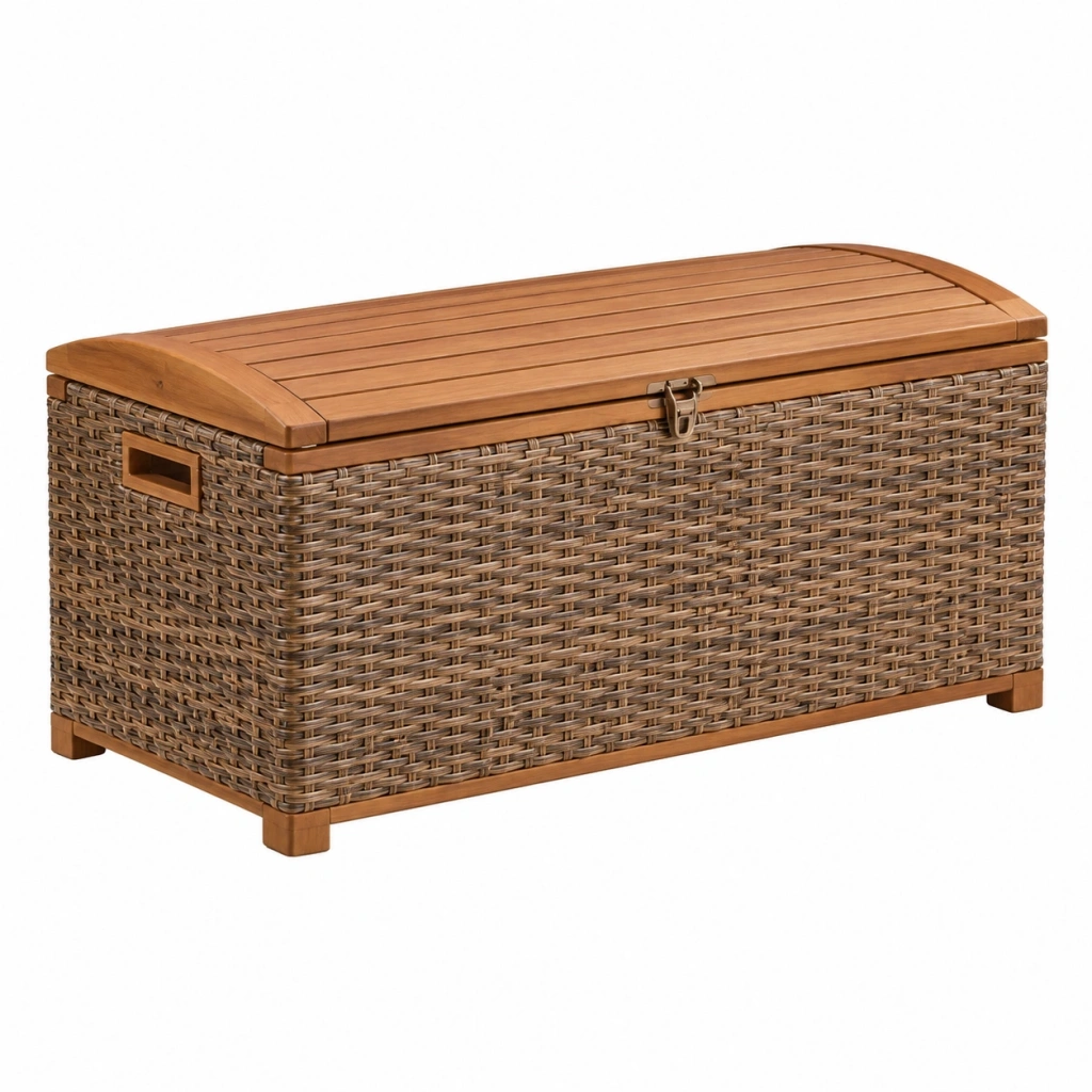 Baule contenitore 120 x 50 x 50 cm in legno e rattan marrone - portaoggetti da esterno con coperchio