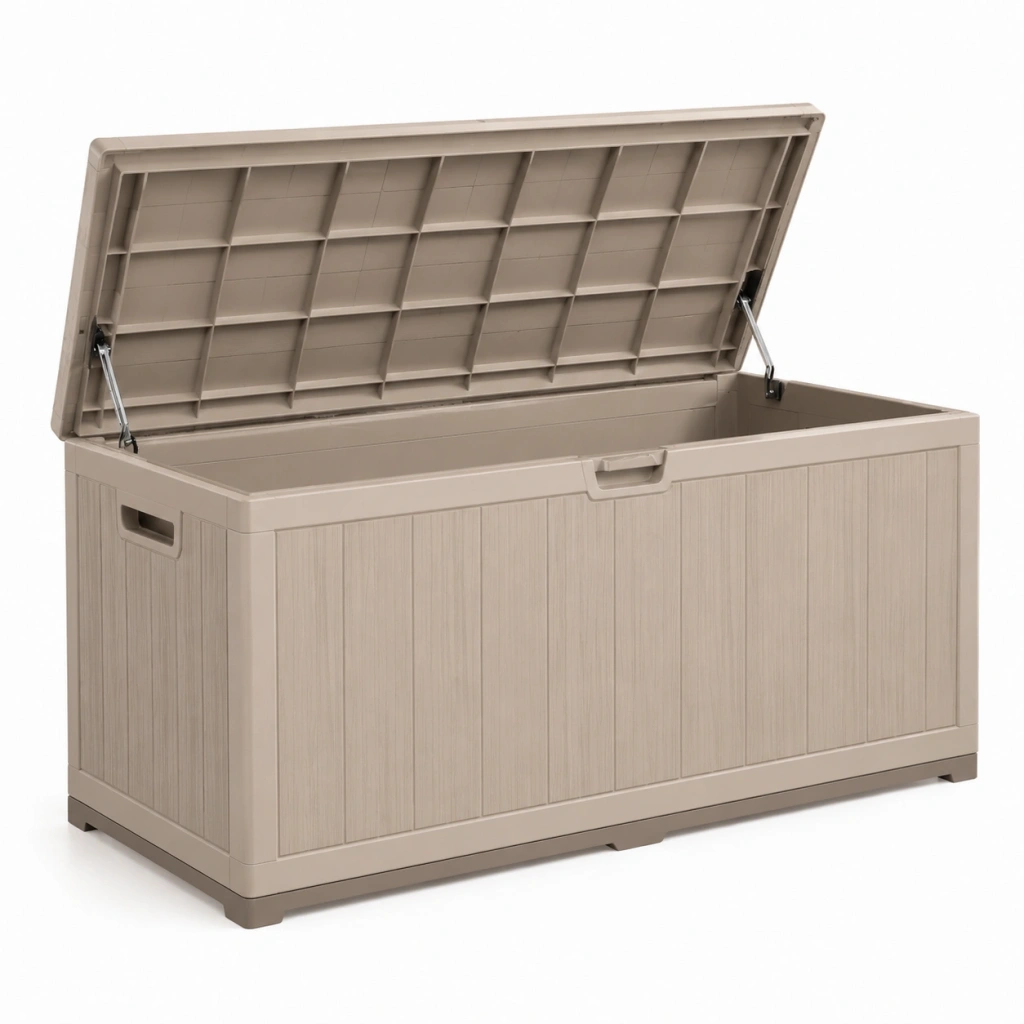 Cassapanca contenitore da esterno 120 x 55 x 60 cm in resina beige con coperchio apribile