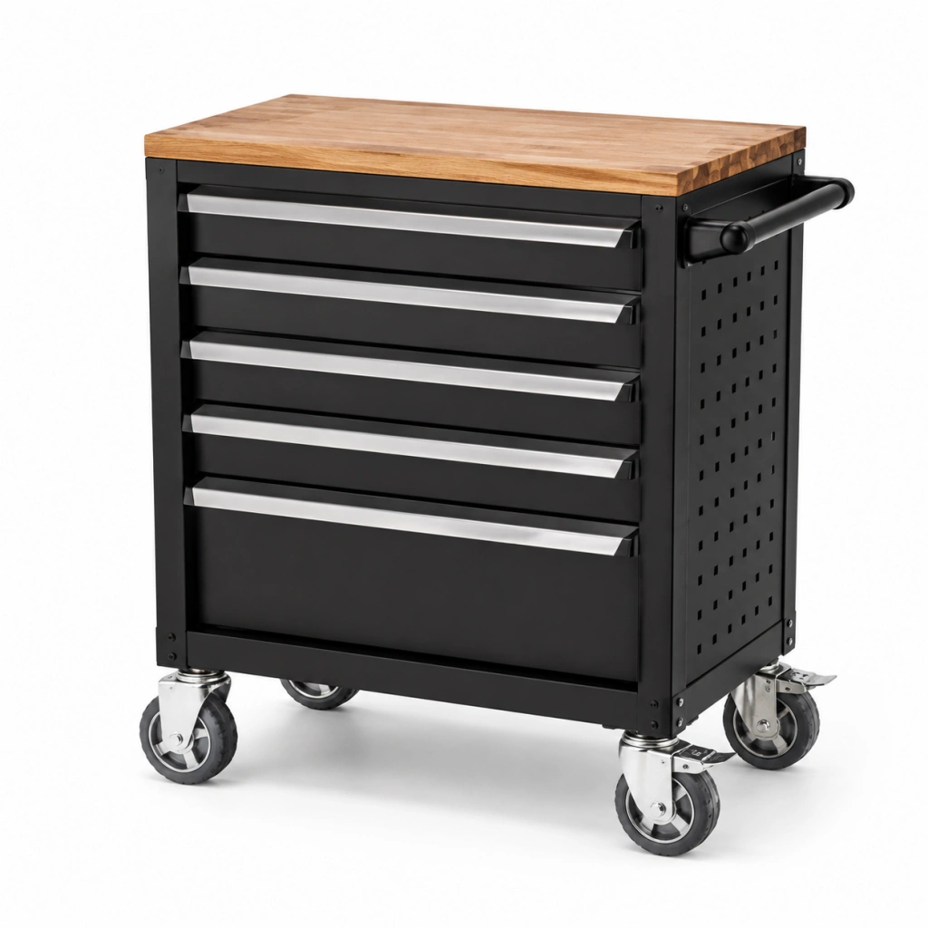 Carrello portautensili 77 x 46 x 91 cm in acciaio nero con piano in legno - 5 cassetti con ruote