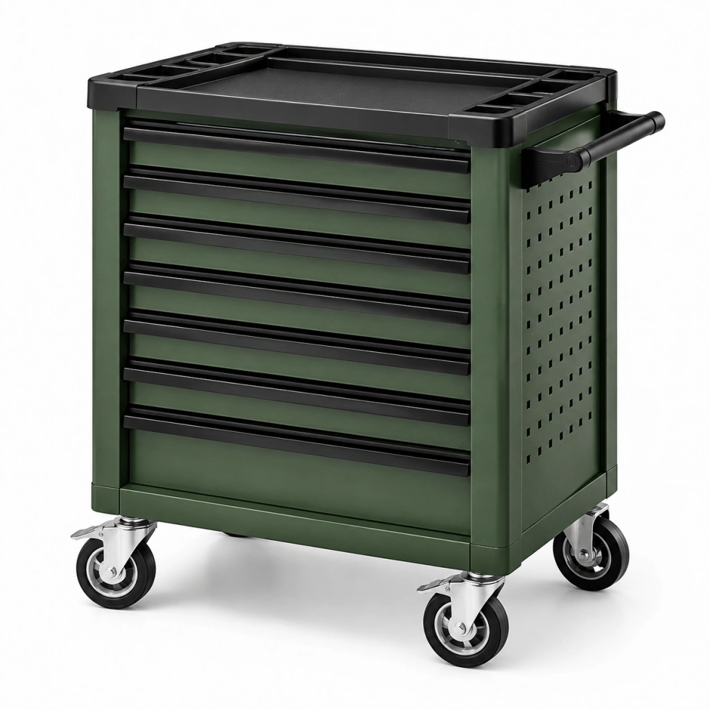Carrello portautensili 77 x 46 x 92 cm in acciaio verde scuro con 7 cassetti e ruote