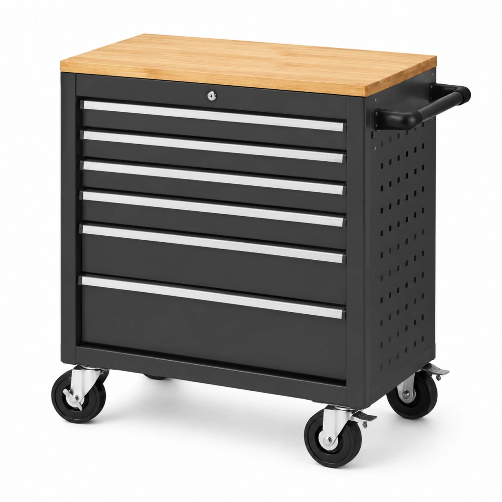 Cassettiera portautensili 76 x 46 x 95 cm in acciaio nero con piano in legno e ruote