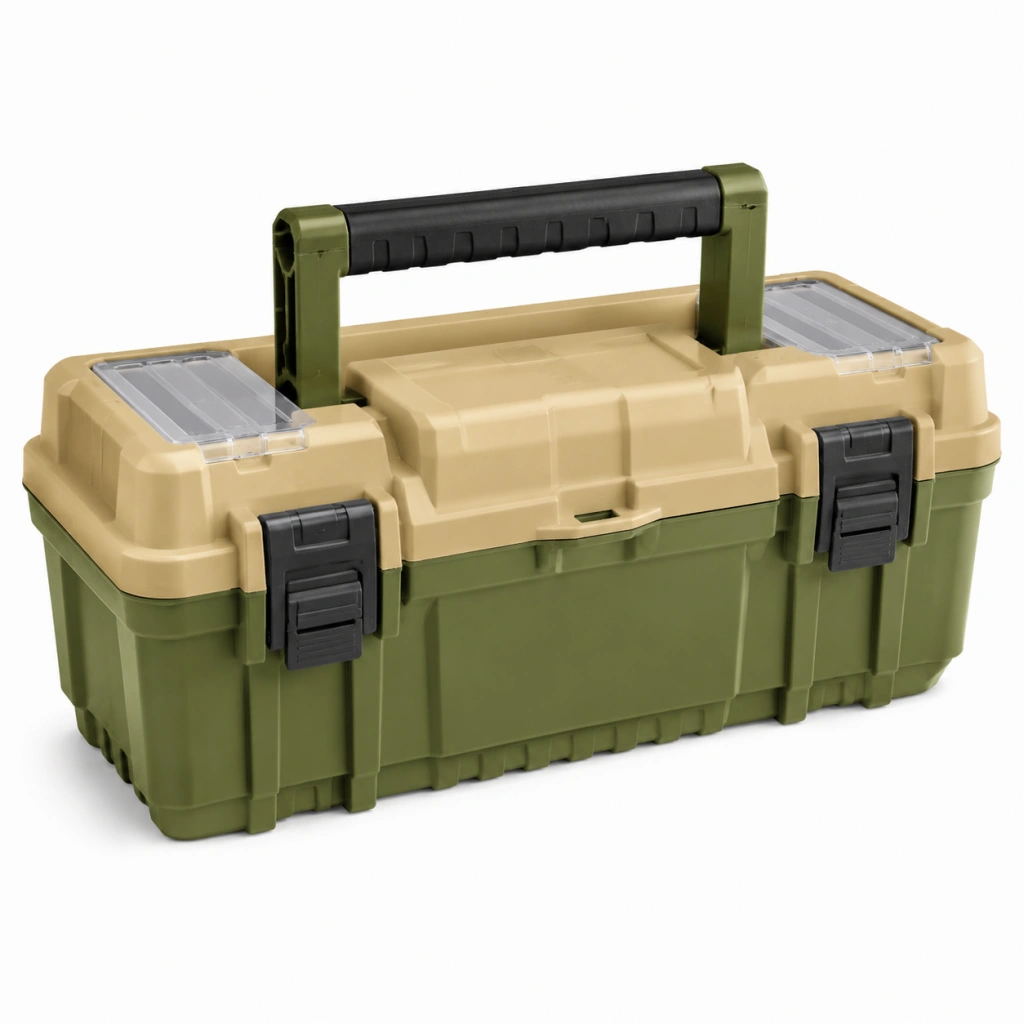 Cassetta portautensili 50 x 25 x 25 cm in plastica verde beige e nera con maniglia e scomparti