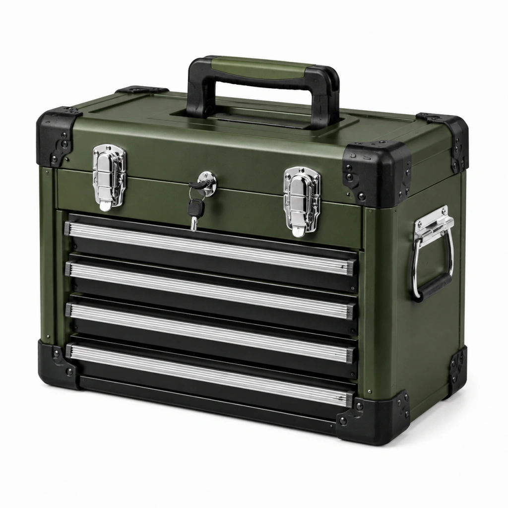 Cassetta portautensili 50 x 25 x 35 cm in acciaio verde con 4 cassetti e chiusura a chiave