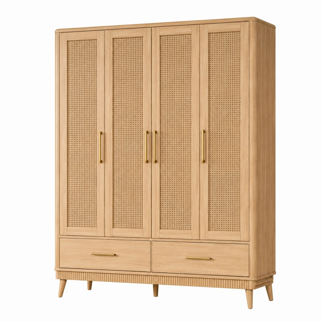 Armadio 180 x 55 x 200 cm in legno naturale con rattan - stile retrò con 4 ante e 2 cassetti