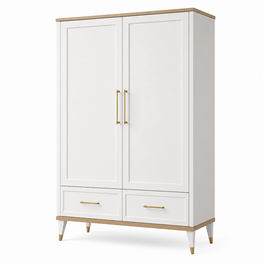 Armadio guardaroba 100 x 55 x 190 cm bianco e legno con 2 ante 2 cassetti stile moderno