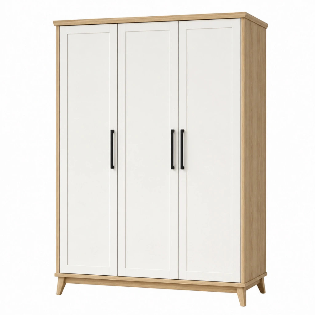 Armadio a 3 ante 150 x 55 x 200 cm in pannelli a base di legno bianco e rovere con ante battenti