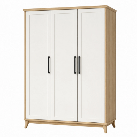 Armadio a 3 ante 150 x 55 x 200 cm in pannelli a base di legno bianco e rovere con ante battenti