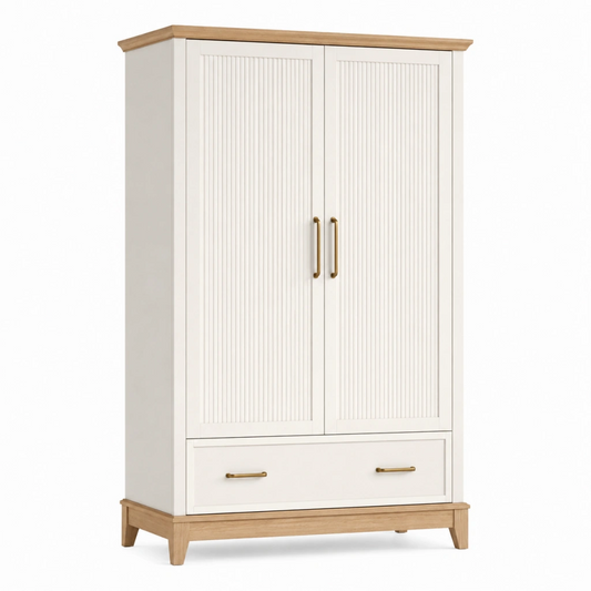 Armadio 90 x 55 x 190 cm in legno bianco e naturale con 2 ante e cassetto