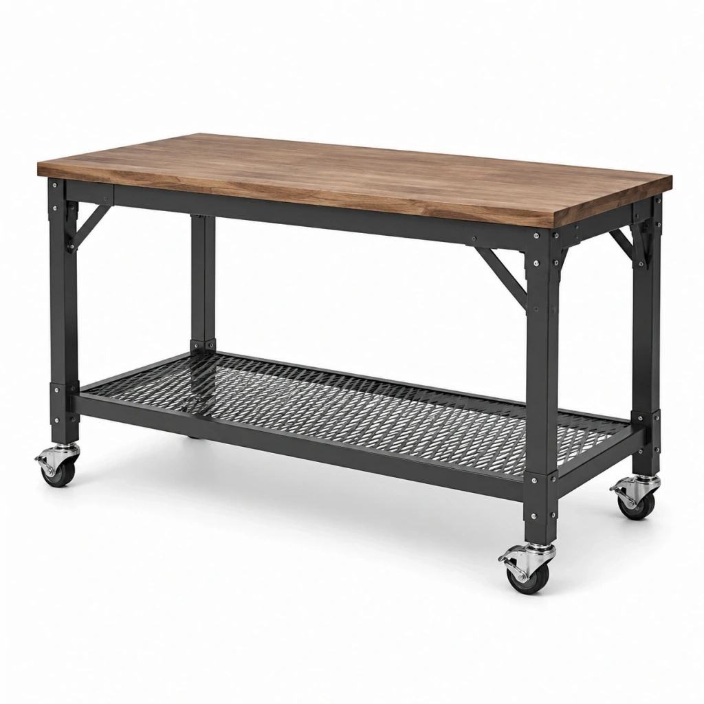 Tavolo da lavoro 120 x 60 x 90 cm in legno e metallo marrone/nero con ruote stile industriale