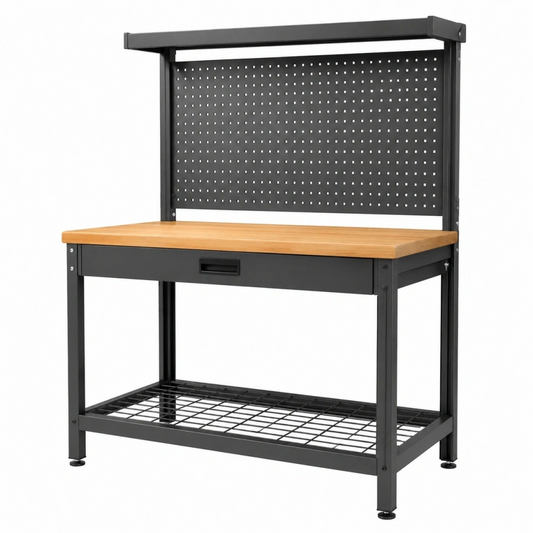 Banco da lavoro 120x60x180 cm in acciaio nero e legno con pannello portautensili