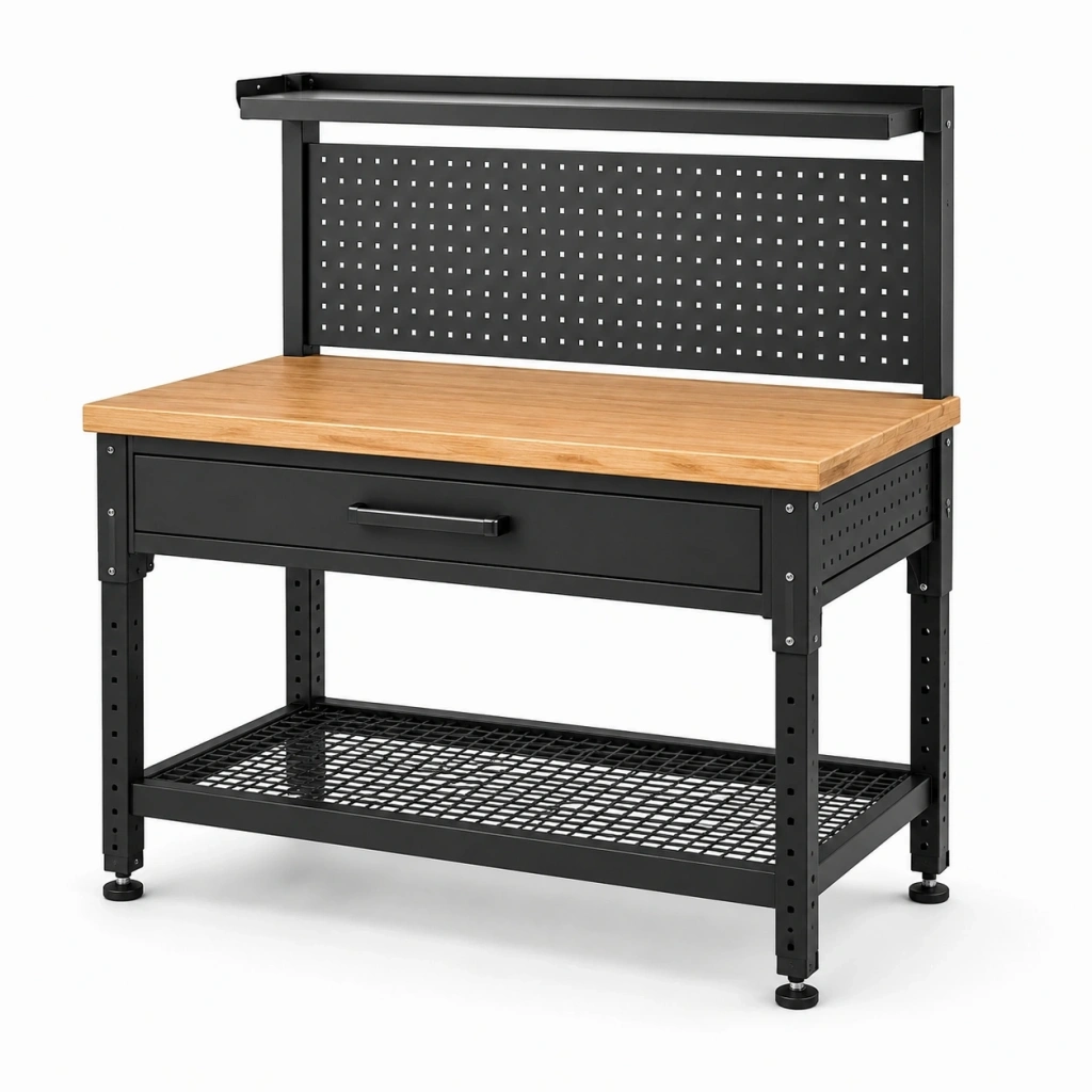 Banco da lavoro 120 x 60 x 150 cm in acciaio nero e legno con cassetto e pannello portautensili