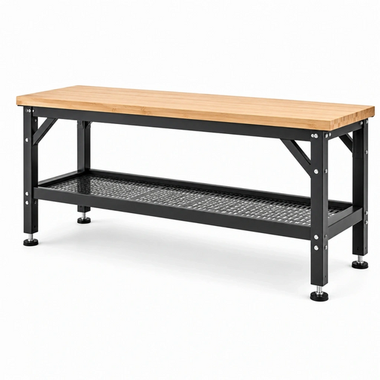 Banco da lavoro 160 x 60 x 90 cm in legno naturale e metallo nero con ripiano inferiore