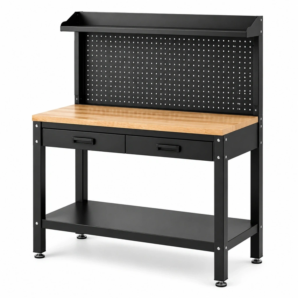 Banco da lavoro 120 x 60 x 180 cm in acciaio nero e legno con pannello portautensili