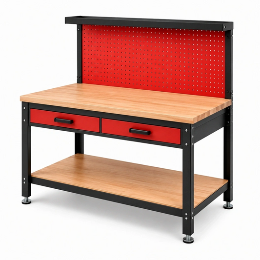 Banco da lavoro 120 cm in metallo nero e legno con pannello portautensili e cassetti
