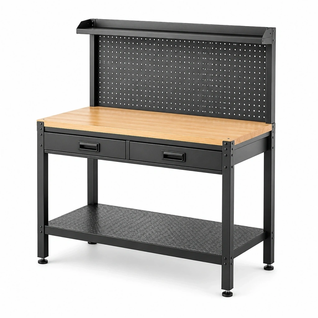 Banco da lavoro 120 x 60 x 155 cm in metallo nero e legno con pannello portautensili e cassetti