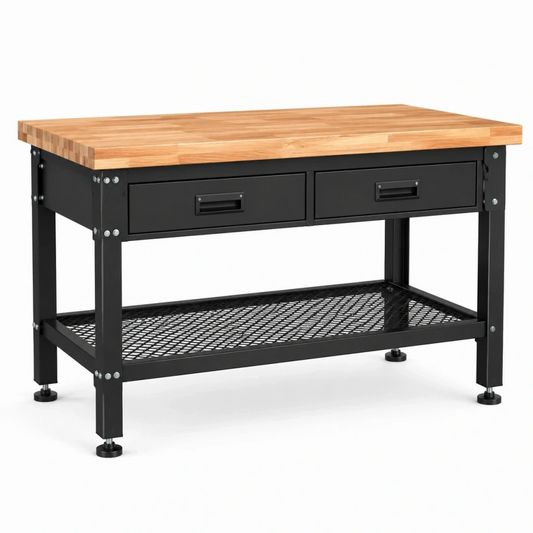 Banco da lavoro 122 x 61 x 91 cm in legno e metallo nero con 2 cassetti stile industriale