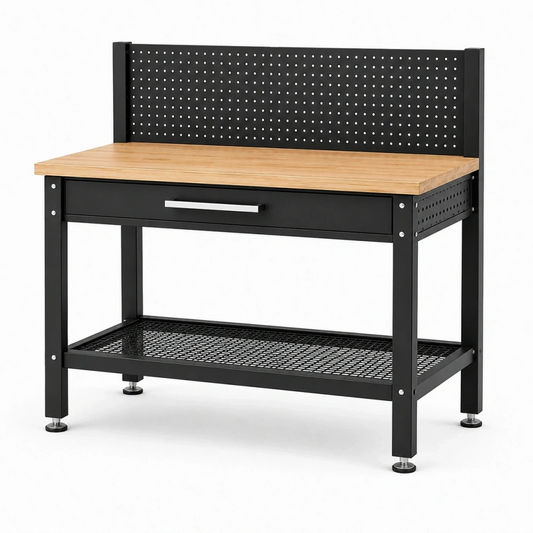 Banco da lavoro 120 x 60 x 150 cm in acciaio nero e legno con cassetto pannello forato e ripiano