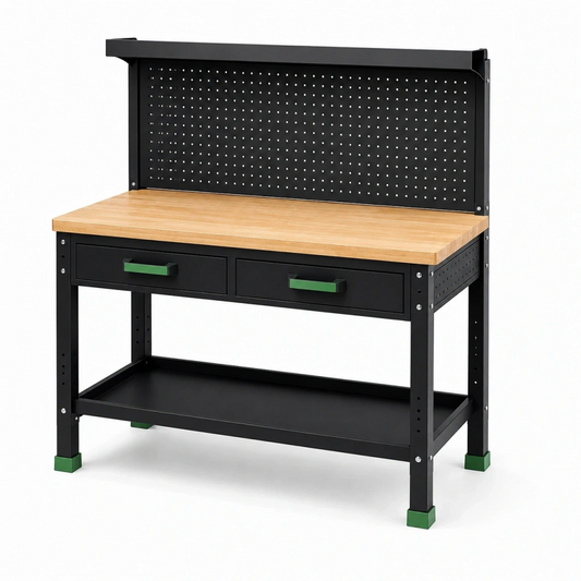 Banco da lavoro 120 x 60 x 150 cm in metallo nero e legno con pannello forato e cassetti