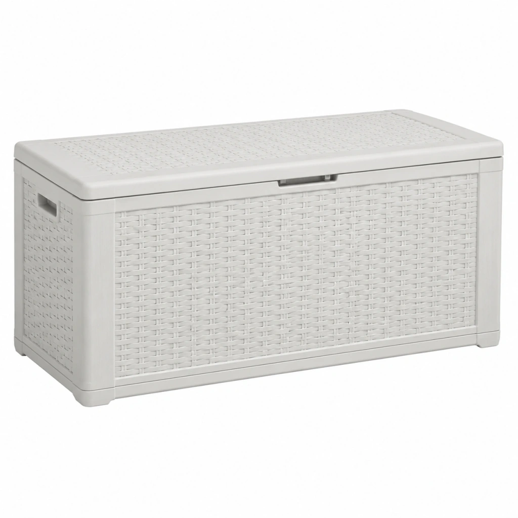Cassapanca contenitore 117 x 55 x 60 cm in plastica bianca con coperchio effetto intrecciato