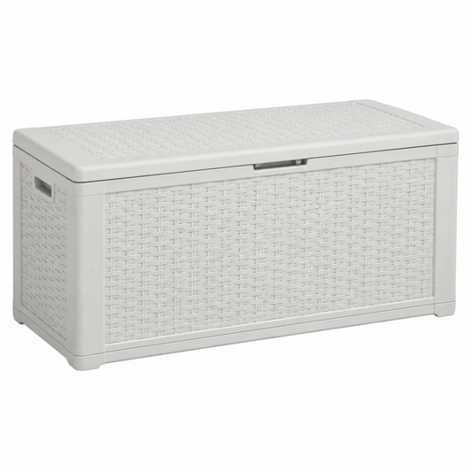 Cassapanca contenitore 117 x 55 x 60 cm in plastica bianca con coperchio effetto intrecciato