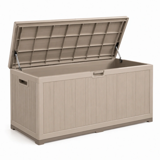 Cassapanca contenitore da esterno 120 x 55 x 60 cm in resina beige con coperchio apribile