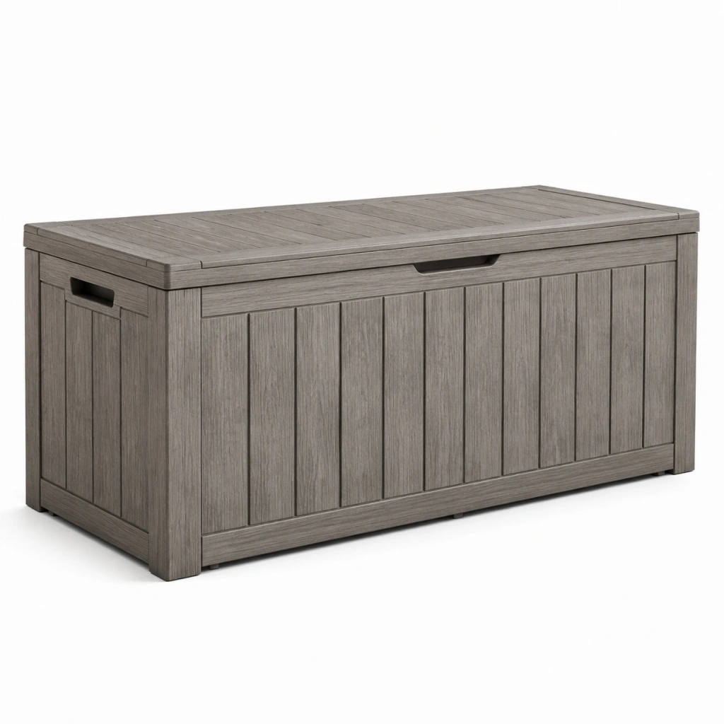 Cassapanca da esterno 130x65x65 cm in resina grigio effetto legno con coperchio