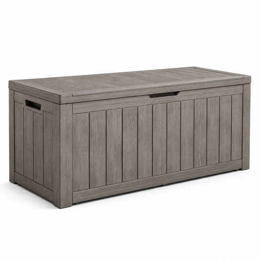 Cassapanca da esterno 130x65x65 cm in resina grigio effetto legno con coperchio