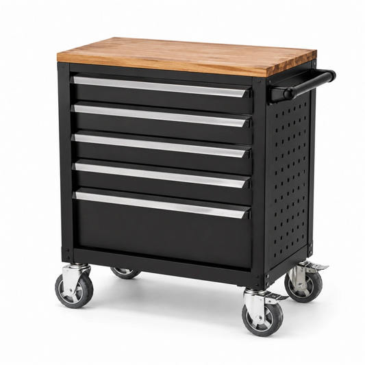 Carrello portautensili 77 x 46 x 91 cm in acciaio nero con piano in legno - 5 cassetti con ruote