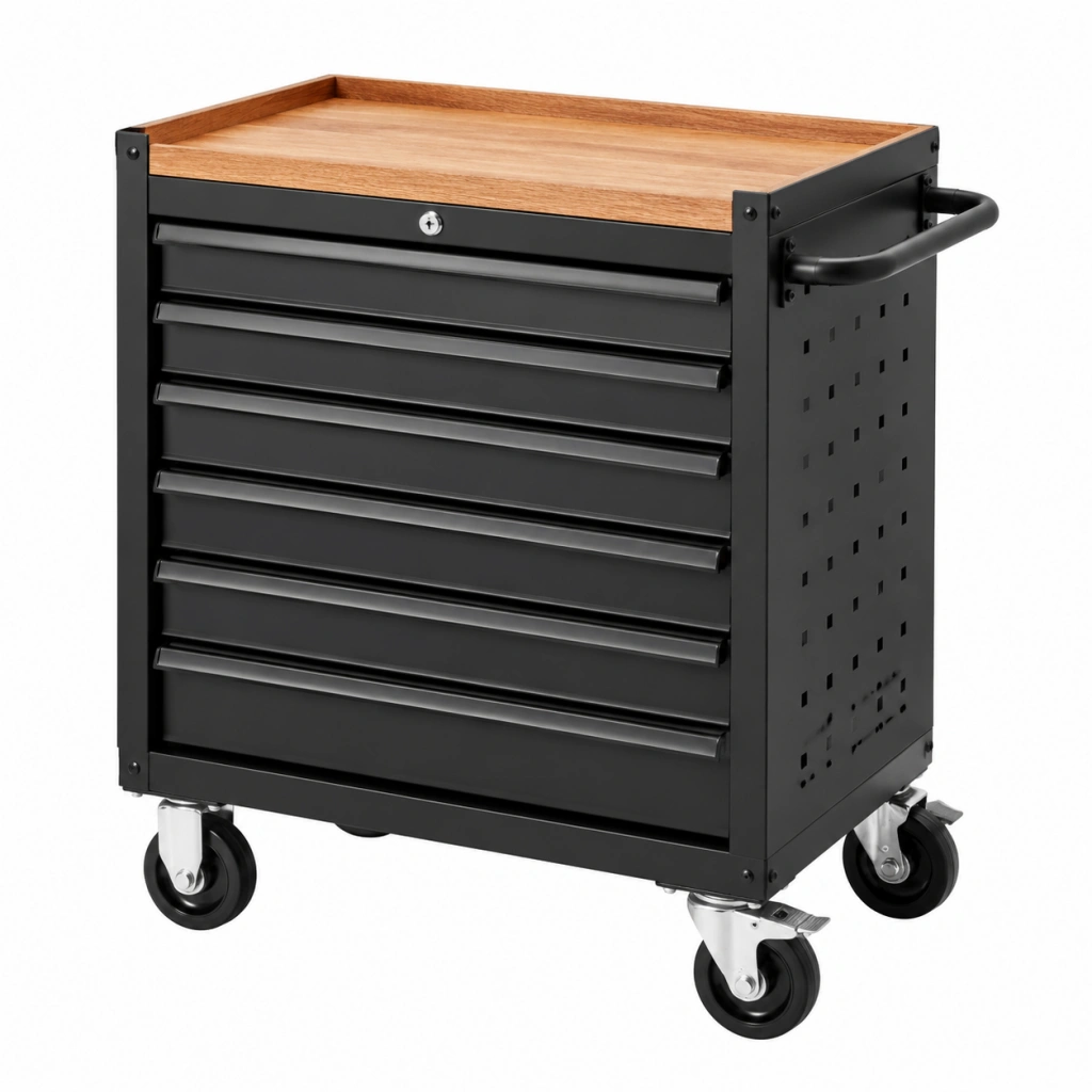Carrello portautensili 77 x 46 x 97 cm in acciaio nero con piano in legno e 7 cassetti