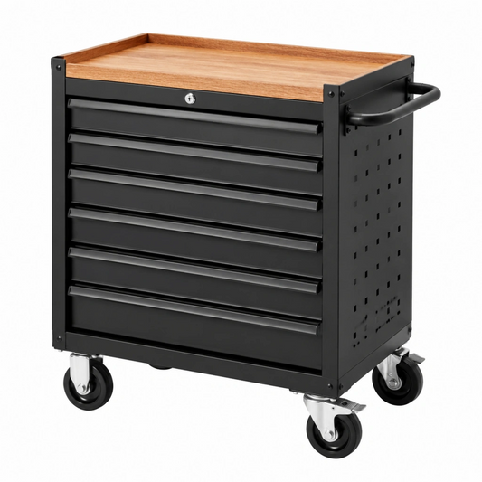 Carrello portautensili 77 x 46 x 97 cm in acciaio nero con piano in legno e 7 cassetti