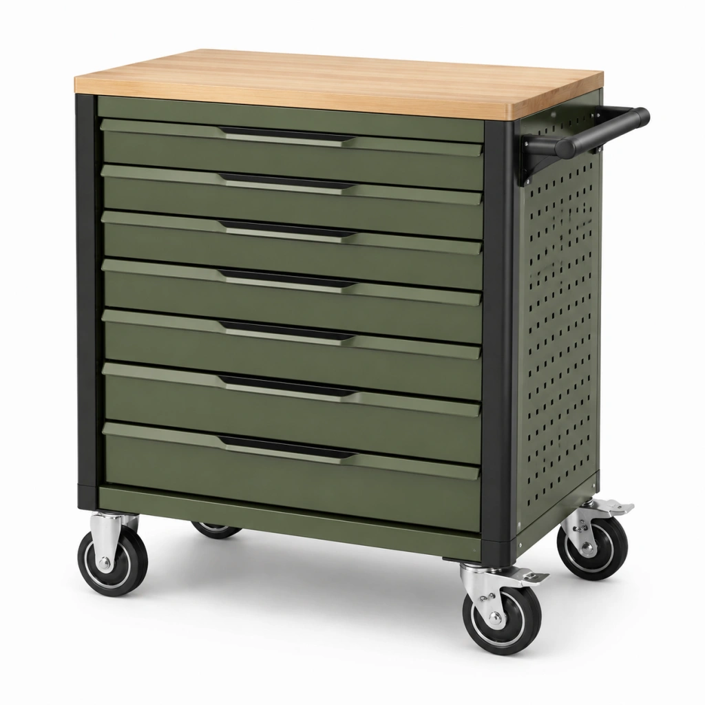 Carrello portautensili 76 x 46 x 90 cm in metallo verde con piano in legno e 7 cassetti