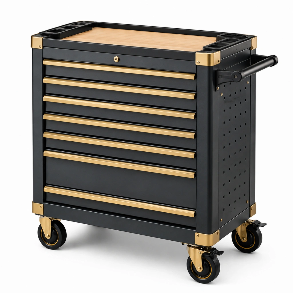 Carrello portautensili 78x46x98 cm in acciaio nero e oro con 8 cassetti