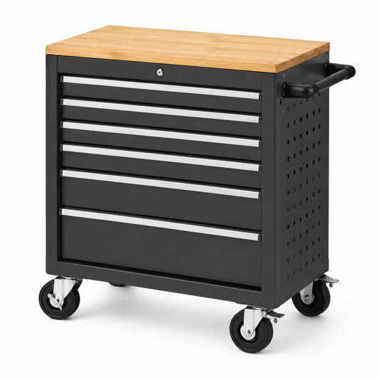 Cassettiera portautensili 76 x 46 x 95 cm in acciaio nero con piano in legno e ruote