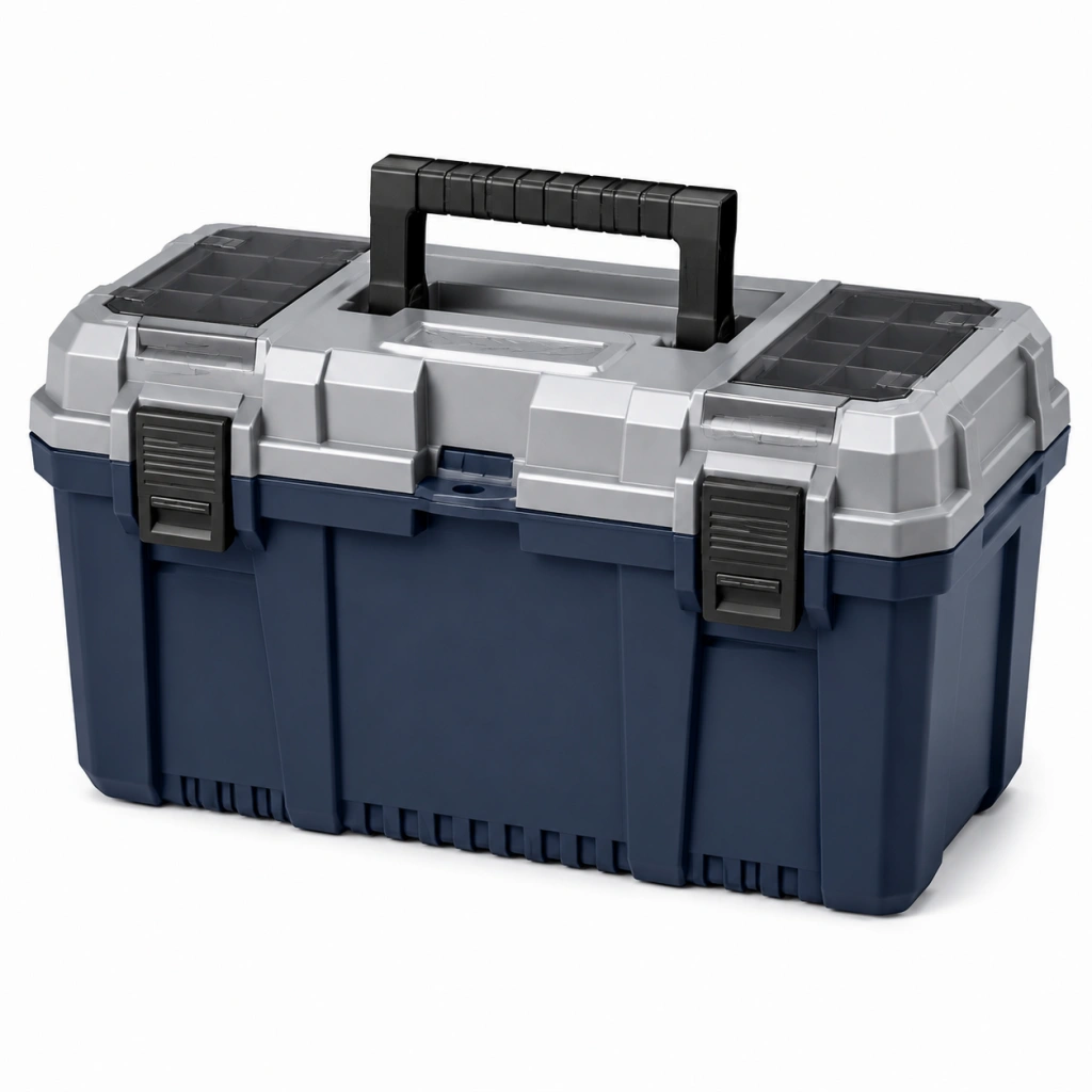 Cassetta portautensili 50 x 25 x 25 cm in plastica blu e grigia con maniglia e scomparti