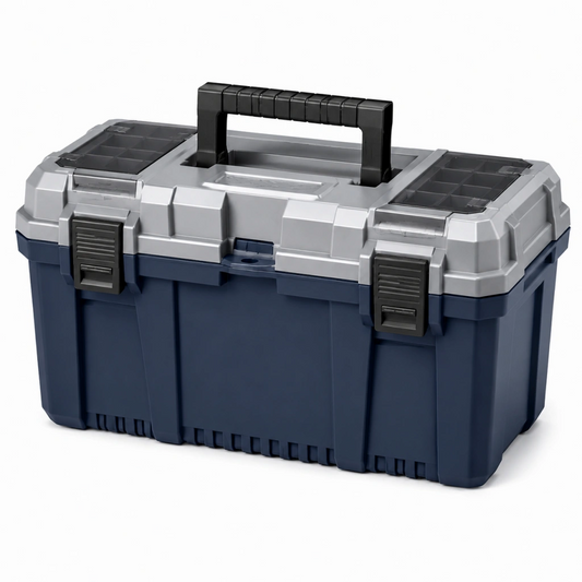 Cassetta portautensili 50 x 25 x 25 cm in plastica blu e grigia con maniglia e scomparti