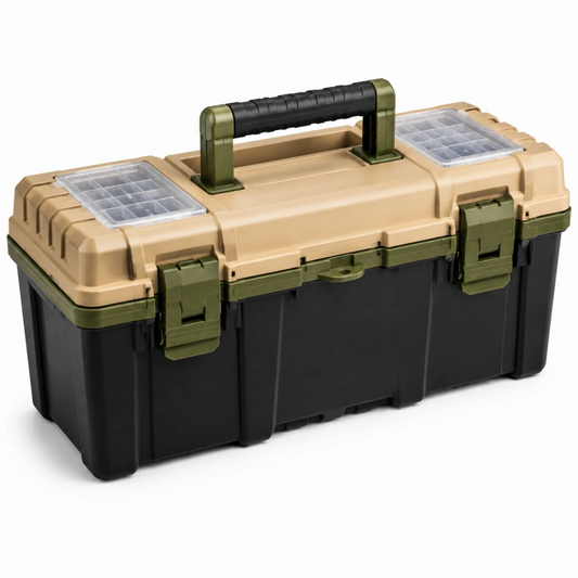 Cassetta portautensili 50 x 25 x 25 cm in plastica beige verde e nero con organizer e maniglia