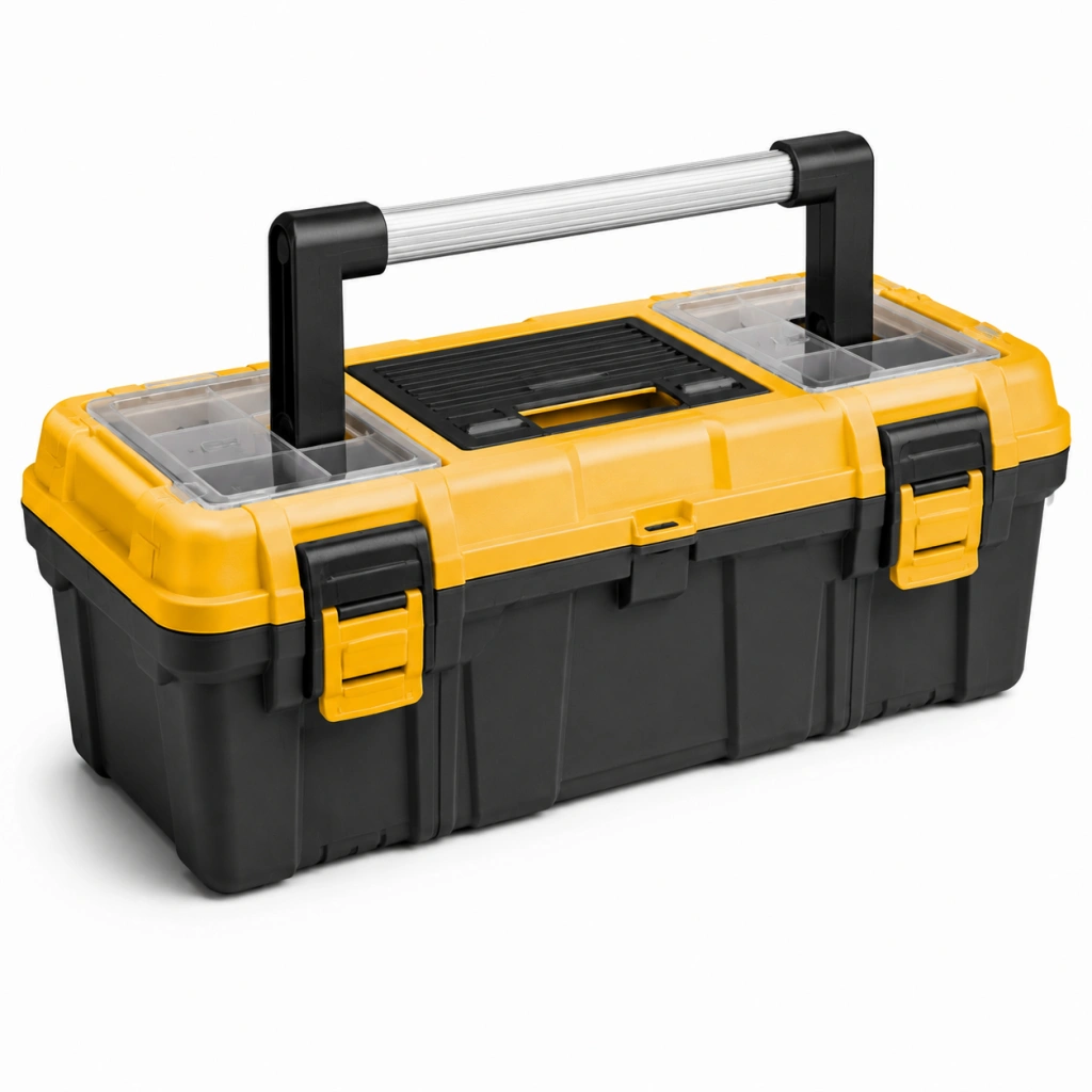 Cassetta portautensili 48 x 25 x 23 cm in plastica gialla e nera con organizer e maniglia